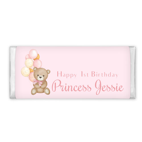 Pink Teddy with Balloons 2 | Personalised Chocolate Bars