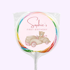 Pink Teddy In Car | Personalised Lollipops