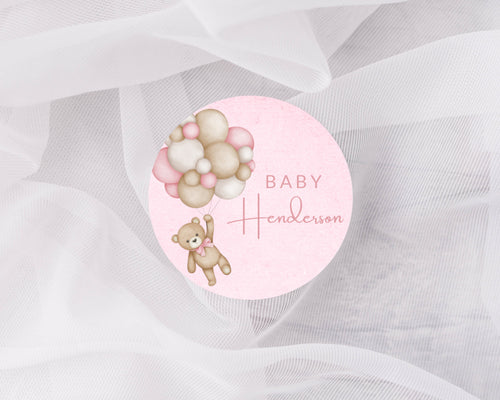 Pink Teddy with Balloons | Personalised Stickers